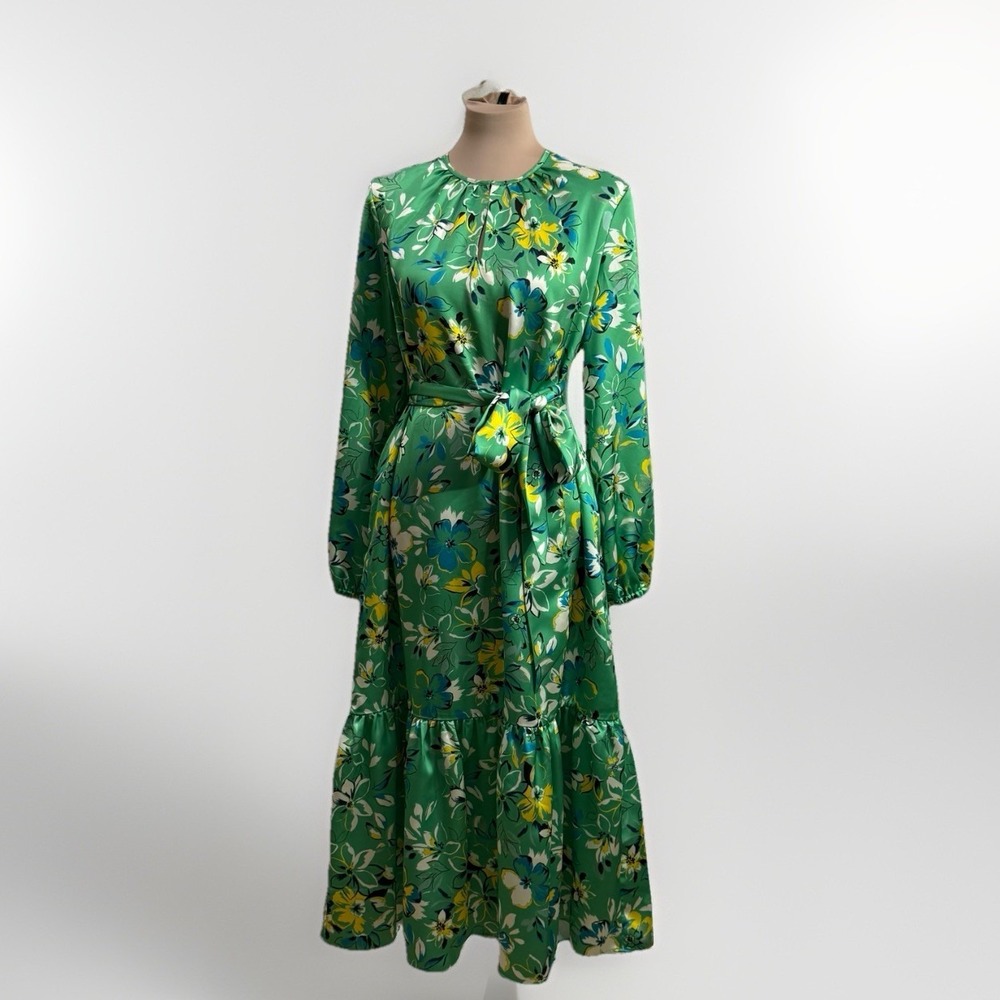 Ann Mashburn Long Sleeve Green Floral Belted Maxi  Shirt Dress SZ M